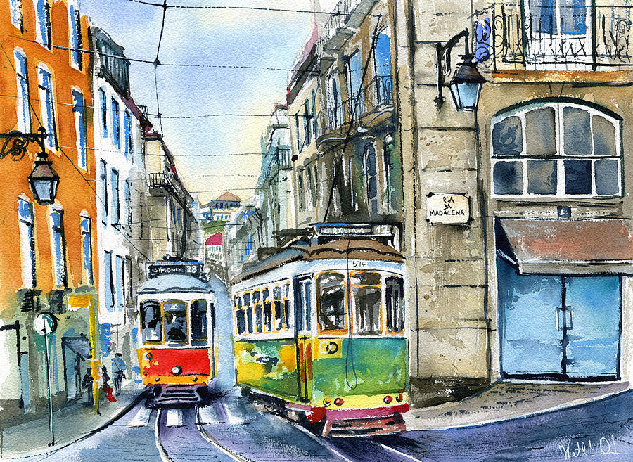 Lisbon Trams at Rua Da Madalena Painting by Dora Hathazi Mendes