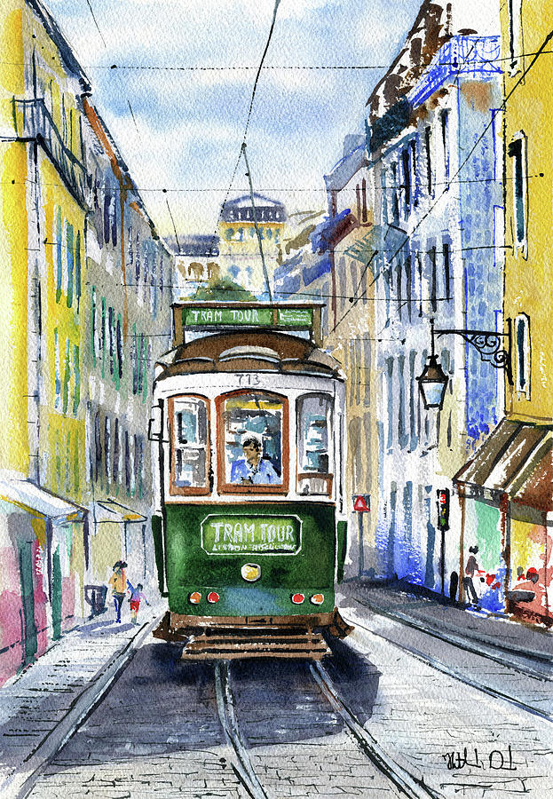 Lisbon Vintage Green Tram Painting Painting by Dora Hathazi Mendes