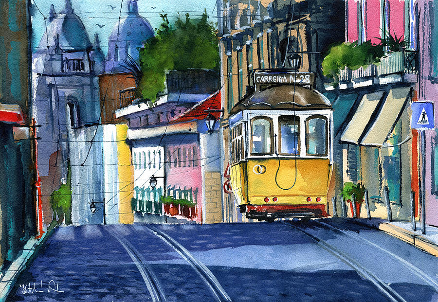 Transportation Painting - Lisbon Yellow Tram 28 by Dora Hathazi Mendes