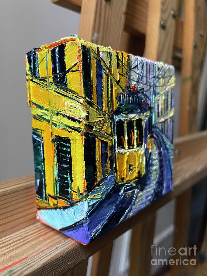 Lisbon Yellow Tram - 3D canvas painted edges left side Painting by Mona Edulesco