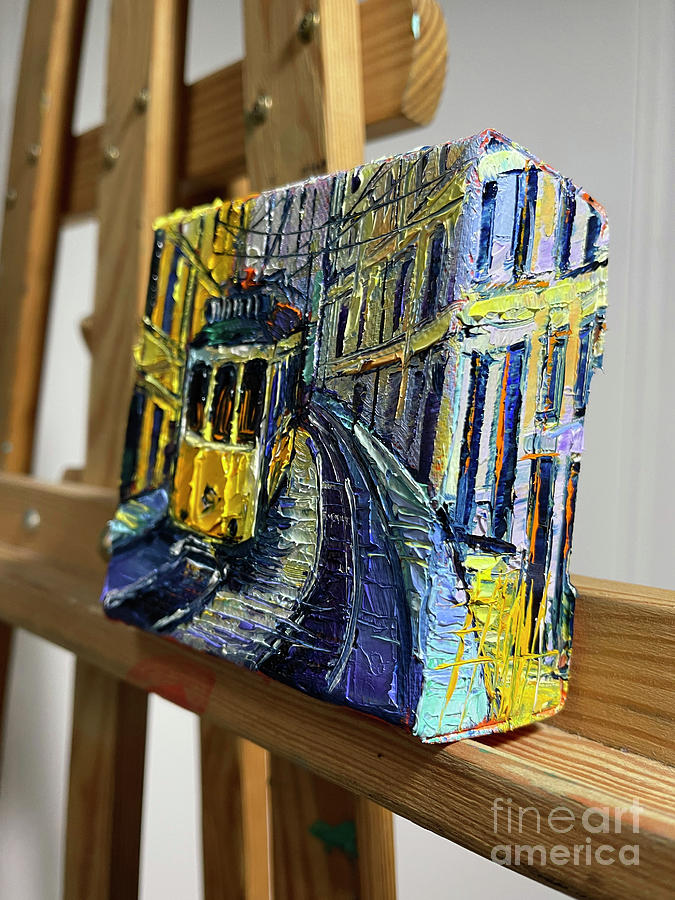 Lisbon Yellow Tram - 3D canvas painted edges right side Painting by Mona Edulesco