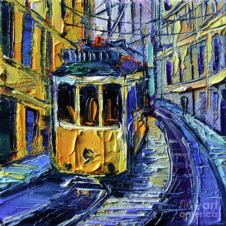 LISBON YELLOW TRAM miniature oil painting on 3D canvas Painting by Mona Edulesco