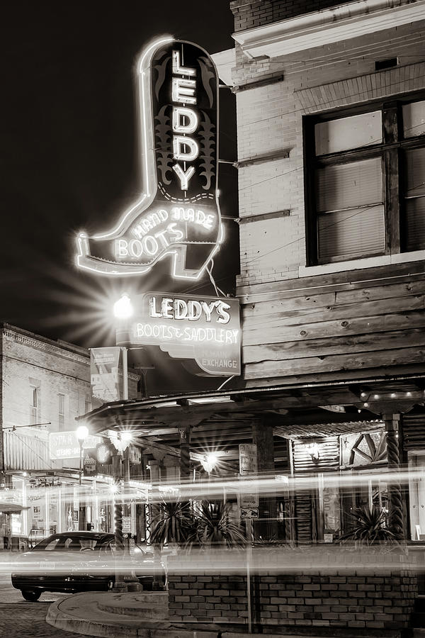 Lit Up Leddy - A Fort Worth Stockyards Tribute In Sepia Photograph by Gregory Ballos