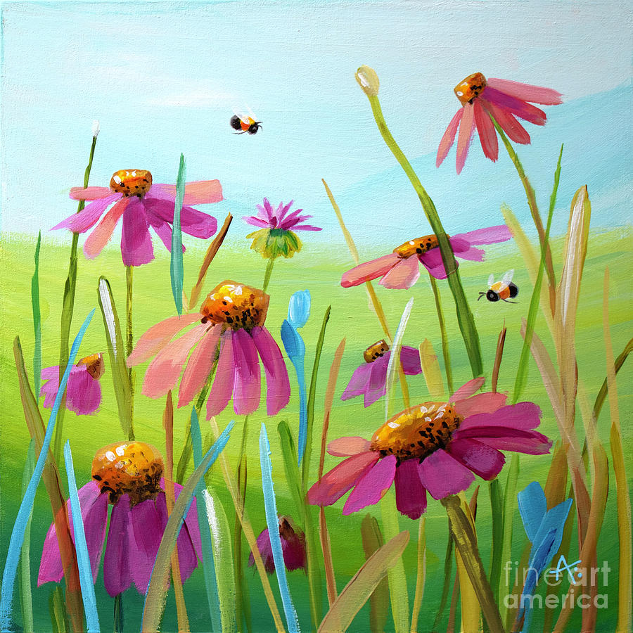 Little Ballerinas - Cone Flowers painting Painting by Annie Troe