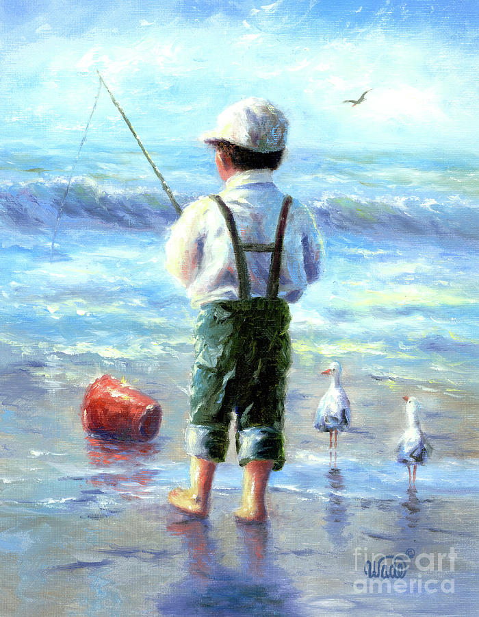 Little Beach Boy Fishing Waves by Vickie Wade