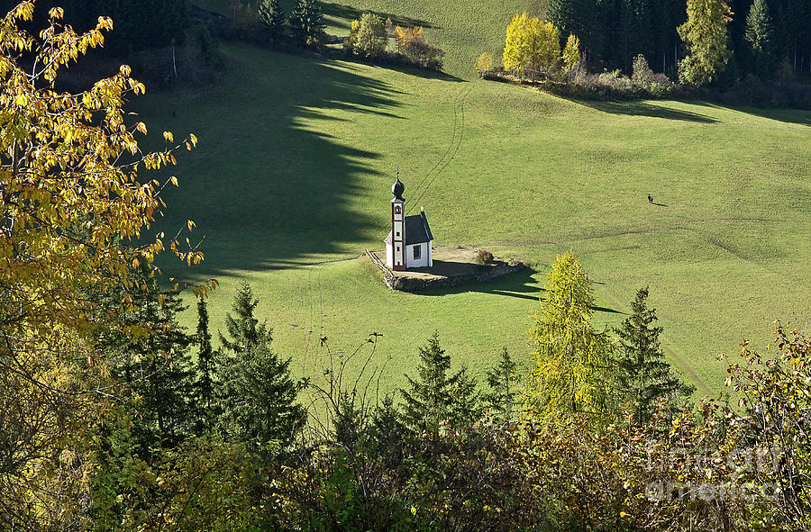 A Tiny White Church Standing Alone At The Meadow, Dolomite, North  Italy, October, Autumn Photograph by Tatiana Bogracheva