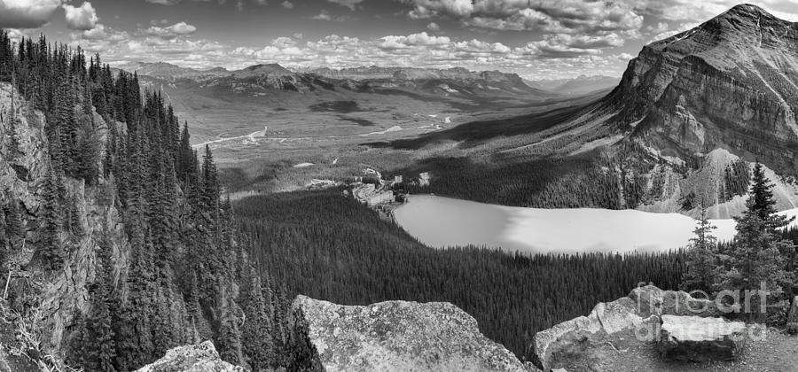 Banff National Park Photograph - Little Beehive Ledge Overlook Panorama Crop Black And White by Adam Jewell