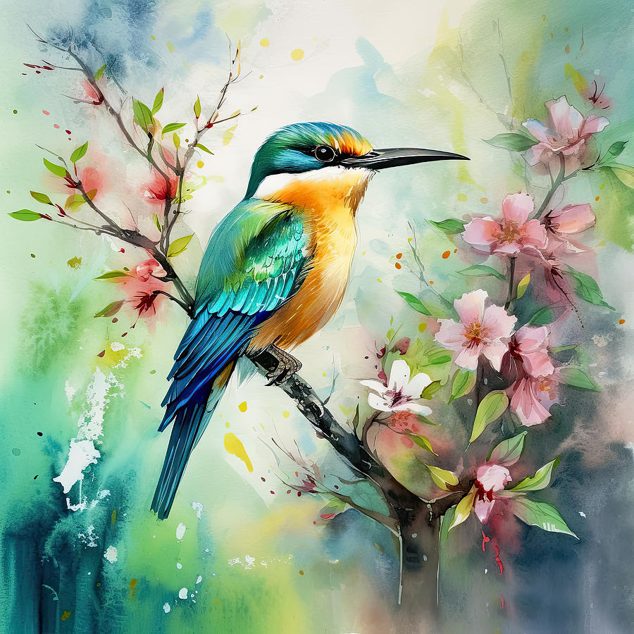 Little Bird on Blooming Tree Digital Art by Lily Malor
