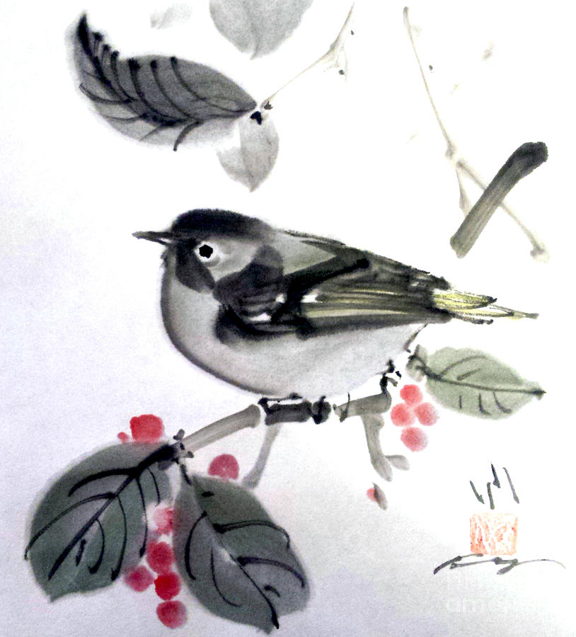 Nature Painting - Little Bird Visiting Your Yard by Fumiyo Yoshikawa