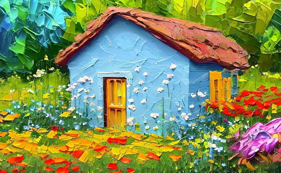 Little Blue House Painting by Bonnie Bruno