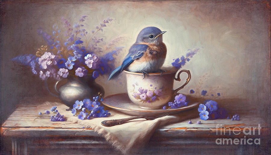 Little Bluebird And Violets Painting by Maria Angelica Maira