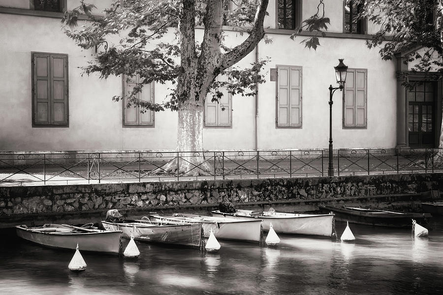Little Boats on Canal du Vasse Annecy France Black and White Photograph by Carol Japp