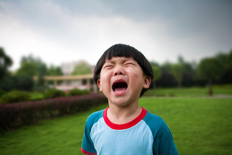 Little boy crying on grass Photograph by Baobao Ou