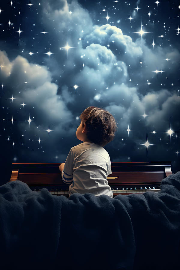 Little boy is sitting on the piano and watching stars in a night blue ...