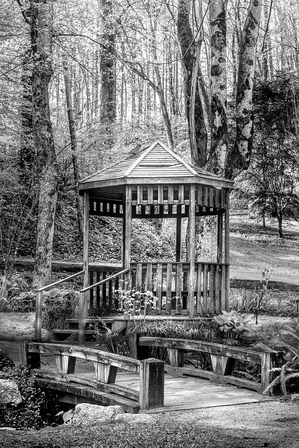 LIttle Bridge at the Garden Gazebo Black and White Photograph by Debra and Dave Vanderlaan