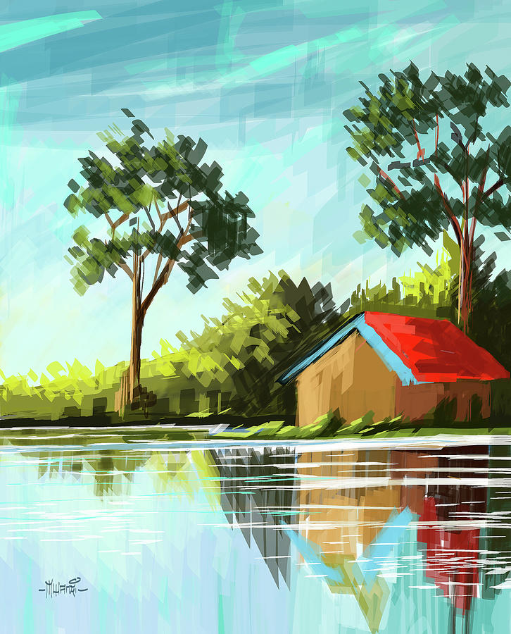Little Cabin by the Lake Painting by Anthony Mwangi