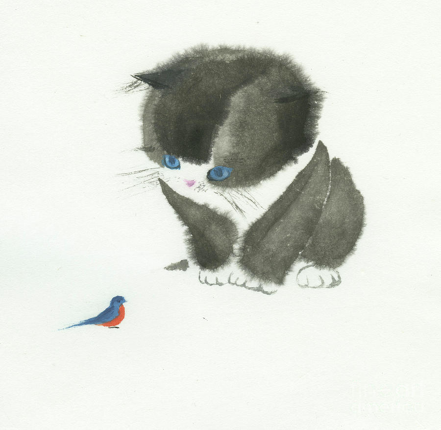 Little Cat Found a Bird Painting by Mui-Joo Wee Little Cat Found a Bird Painting by Mui-Joo Wee