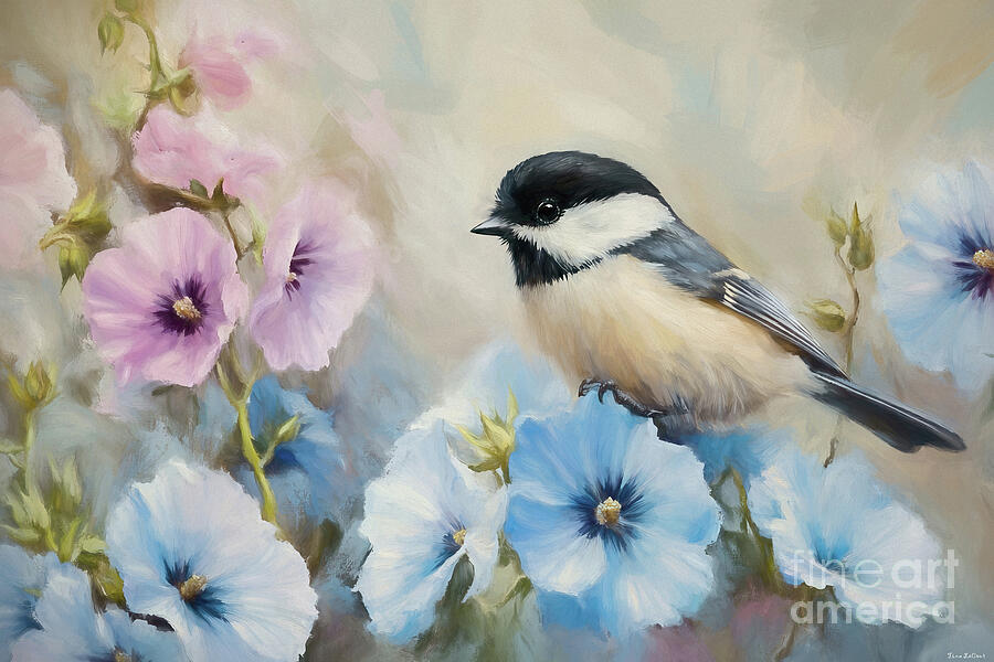 Little Chickadee In The Pansies 2 Painting by Tina LeCour Little Chickadee In The Pansies 2 Painting by Tina LeCour