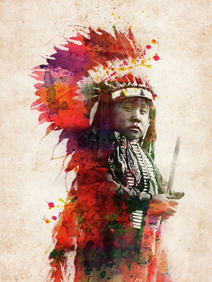 Little Crow Native American Indian Boy Colorful Watercolor Digital Art