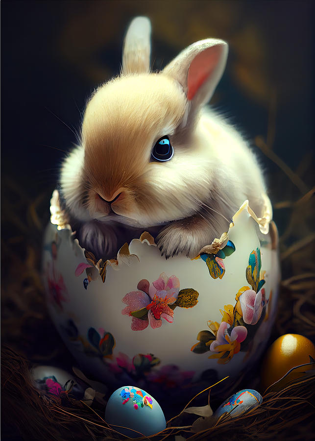 Little Easter Bunny with Eggs in Large Egg Shell Digital Art by Lily ...
