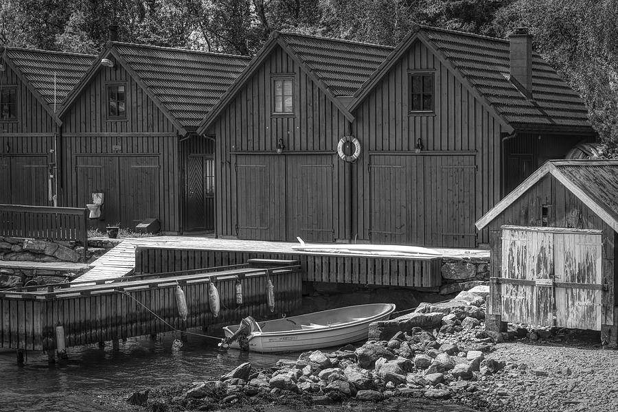 Little Fishing Huts Black and White Photograph by Debra and Dave Vanderlaan
