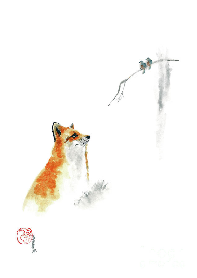 Little Fox and Birds, Fox painting, fox poster, fox print, little bird poster, fox portrait Painting by Mariusz Szmerdt