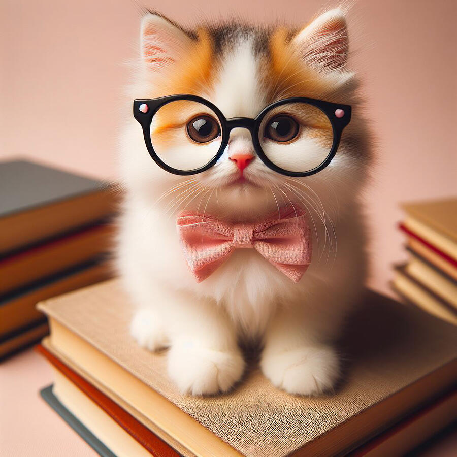 Book Digital Art - Little Ginger Kitten With Glasses Sitting On Books by Joanna Redesiuk