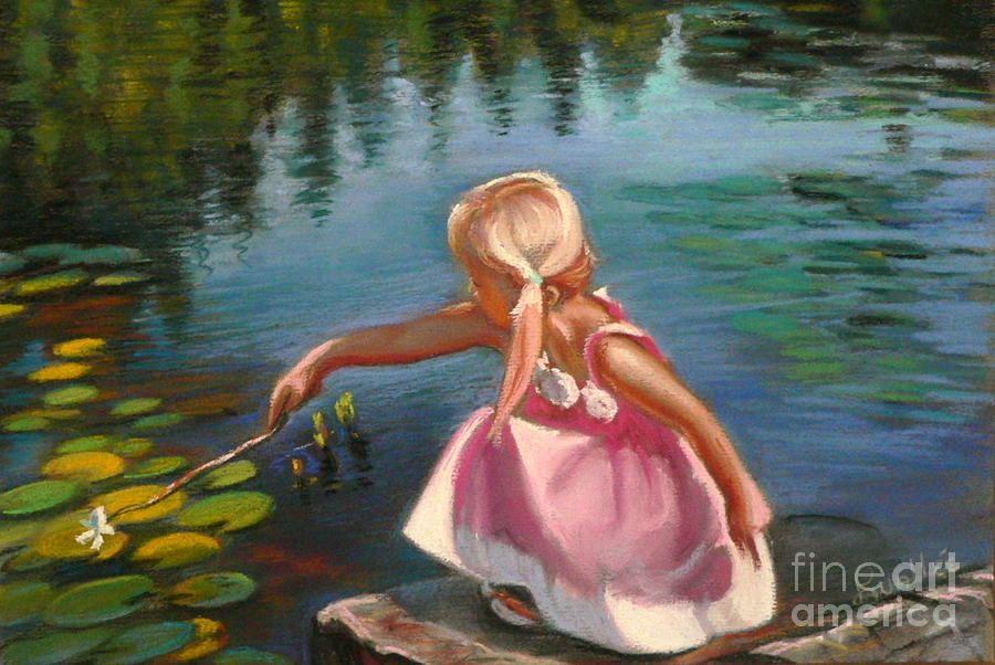 Girl Pastel - Little girl at the pond by Louise Lavallee