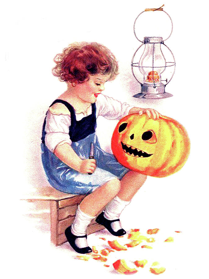 Little Girl Carving Pumpkin Digital Art by Long Shot