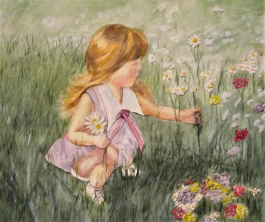Little Girl Picking Flowers Mixed Media by Kelly Mills