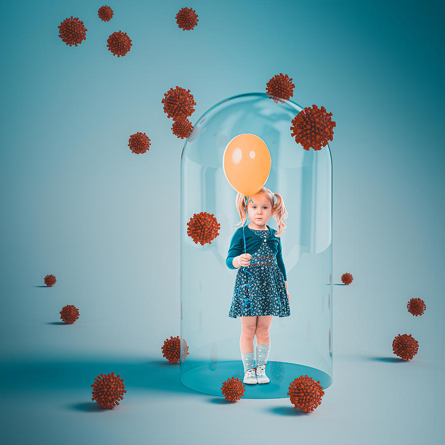 Little Girl Protected By A Glass Bell And Surrounded By Viruses Photograph by Gualtiero Boffi