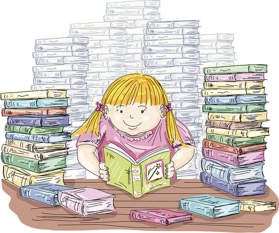 Little Girl Reading With Stacks Of Books Drawing by Diane555