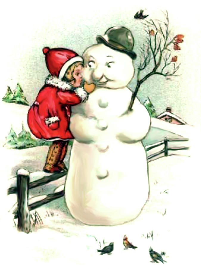 Little Girl with Big Snowman Digital Art by Long Shot