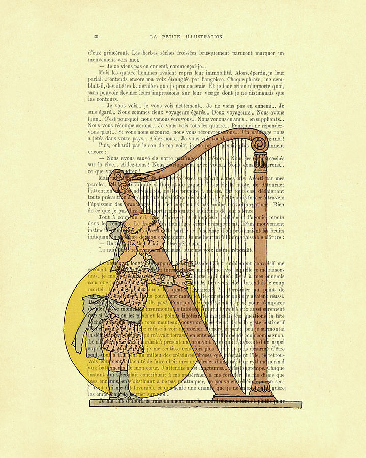 Music Digital Art - Little girl with harp, harpist artwork by Madame Memento