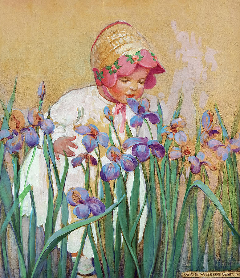 Flower Painting - Little Girl with Irises, Good Housekeeping Cover by Jessie Willcox Smith