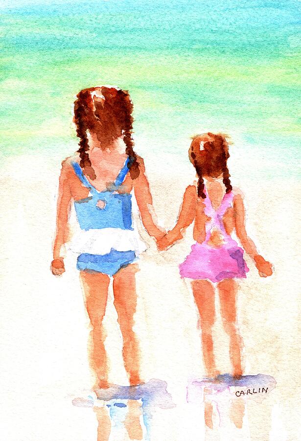 Little Girls at the Beach Painting by Carlin Blahnik CarlinArtWatercolor