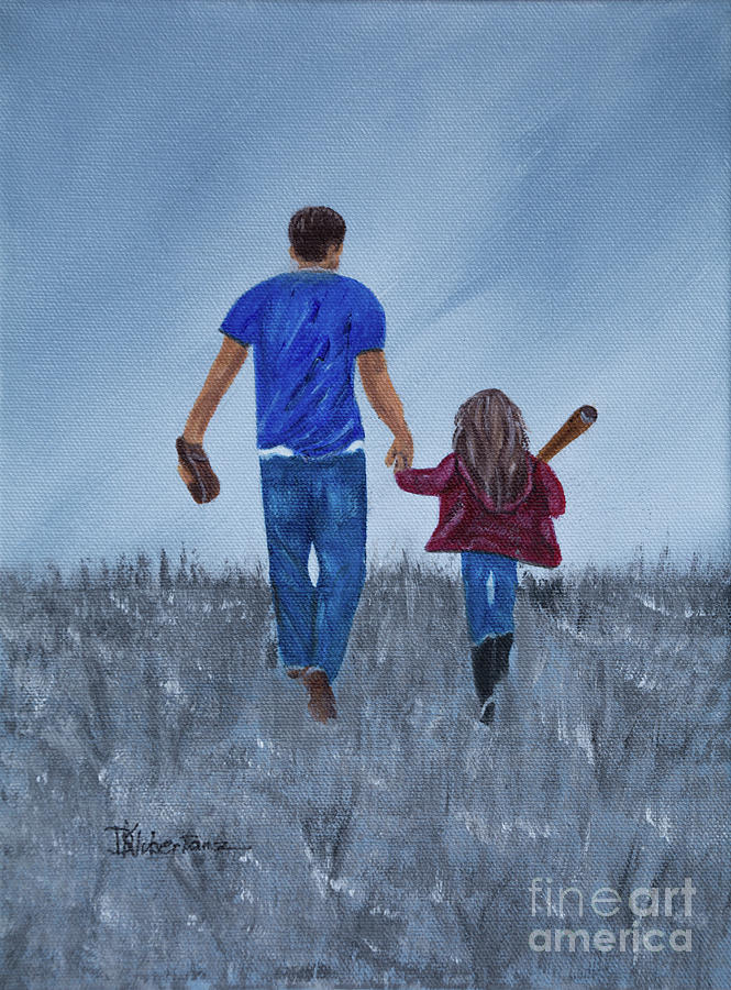 Parenthood Movie Painting - Little Girls, Daddys and Baseball  by Deborah Klubertanz