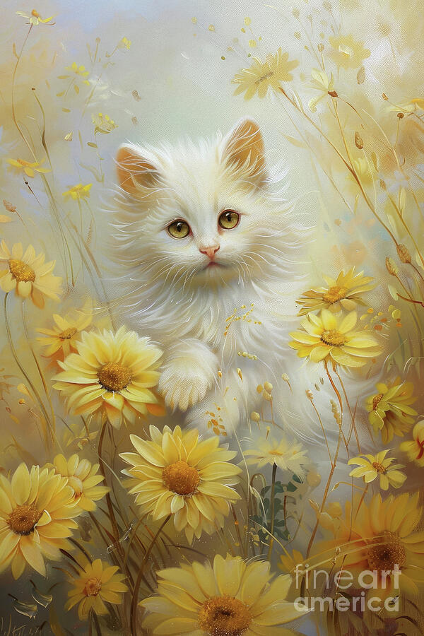 Little Kitten In The Daisies Painting by Tina LeCour