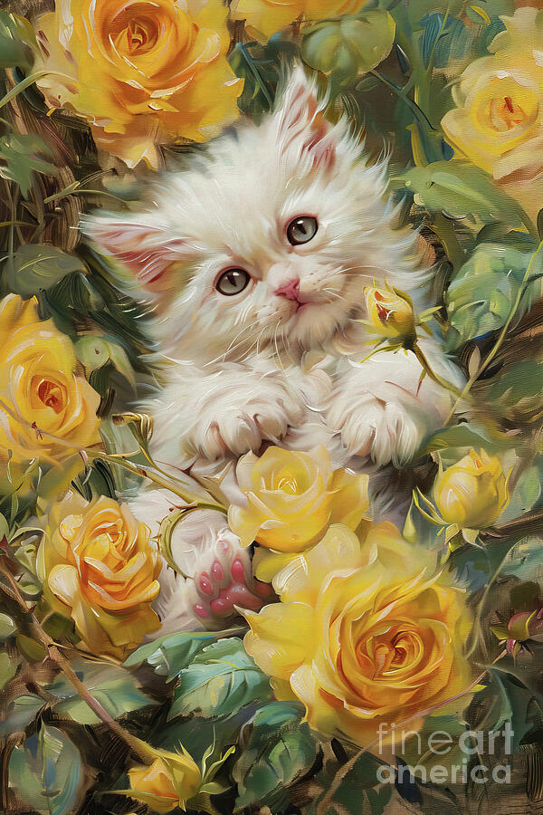 Little Kitten In The Roses Painting by Tina LeCour