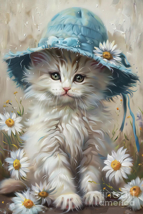 Little Kitten With The Blue Hat Painting by Tina LeCour