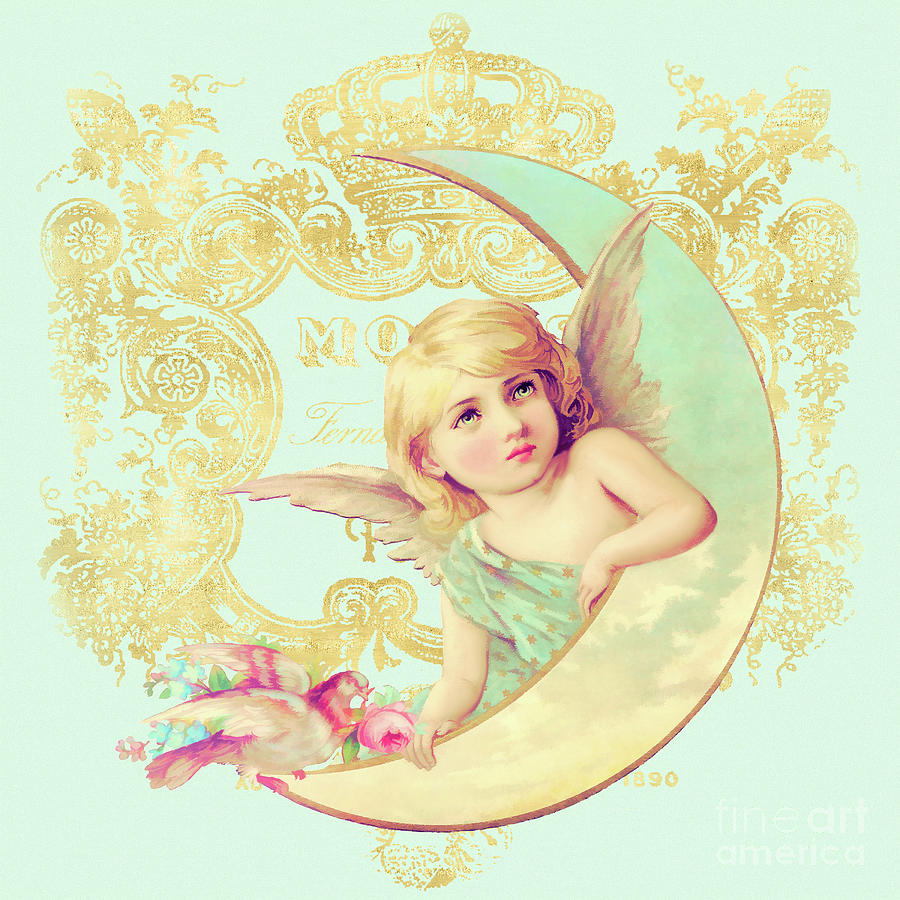 Little Luna Angel moon and bird in gold in mint green Digital Art by ...