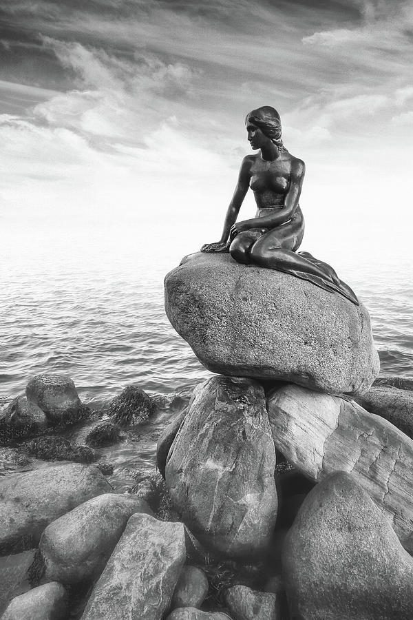 Mermaid Photograph - Little Mermaid Copenhagen Denmark Black and White  by Carol Japp