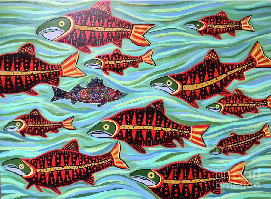 Little Michif Swimming Upstream Painting by Sherry Leigh Williams-Metis Artist