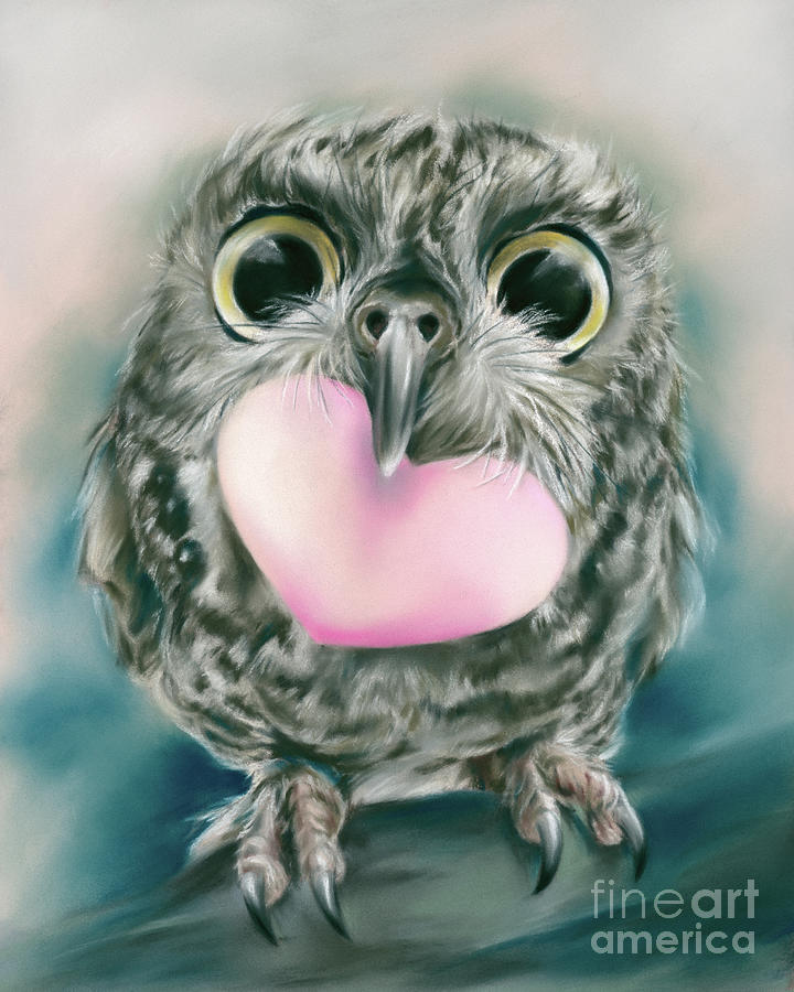 Little Owl with Big Eyes and Valentine Heart Painting by MM Anderson