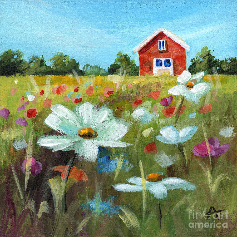 Little Red Barn - Flower Field Painting by Annie Troe