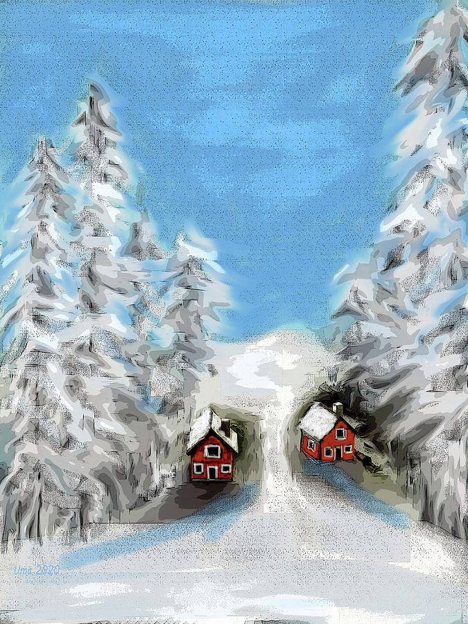 Little Red Cottages In Winter Digital Art by Uma Krishnamoorthy