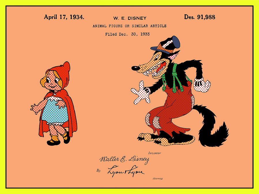 1934 Walt Disney Little Red Riding Hood Blueprint Colorized Patent Print By Greg Edwards