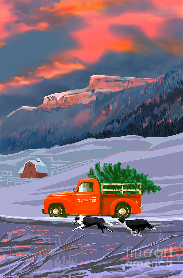 Classic Christmas Painting - Little Red Truck Hauling a Christmas Tree by Sassan Filsoof