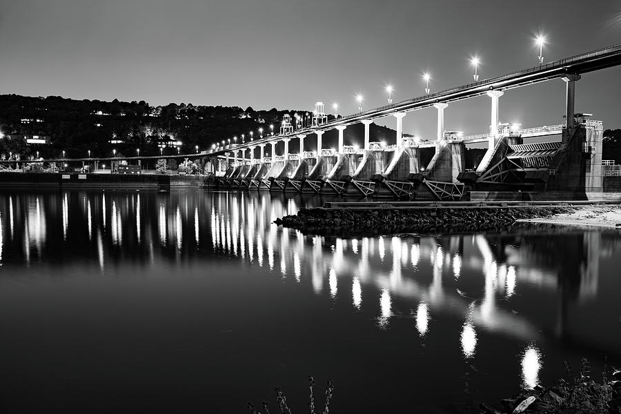 Little Rock Big Dam Bridge Night Reflections - Black And White Photograph by Gregory Ballos