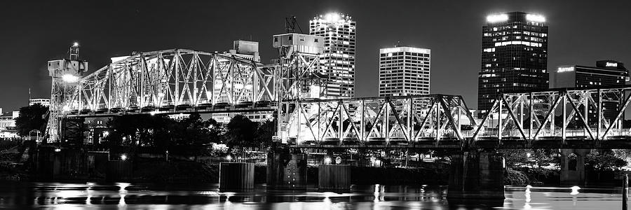 Little Rock Junction Bridge And Skyline Panorama In Black And White Photograph by Gregory Ballos